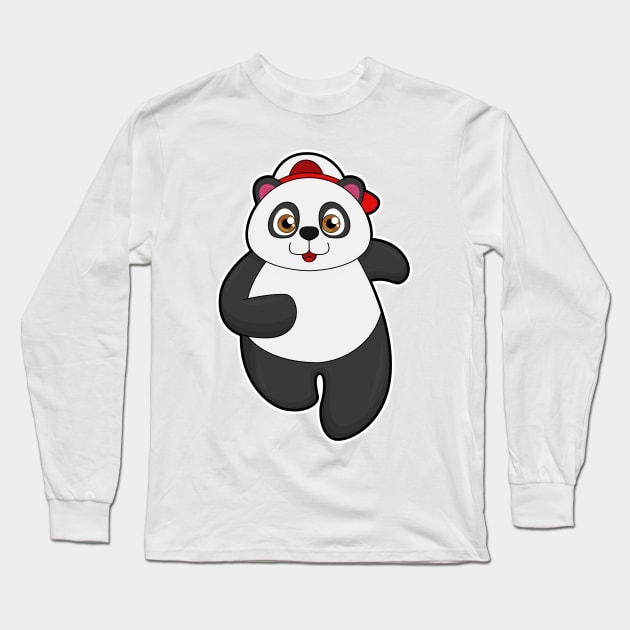 Panda at Running with Cap Long Sleeve T-Shirt by Markus Schnabel